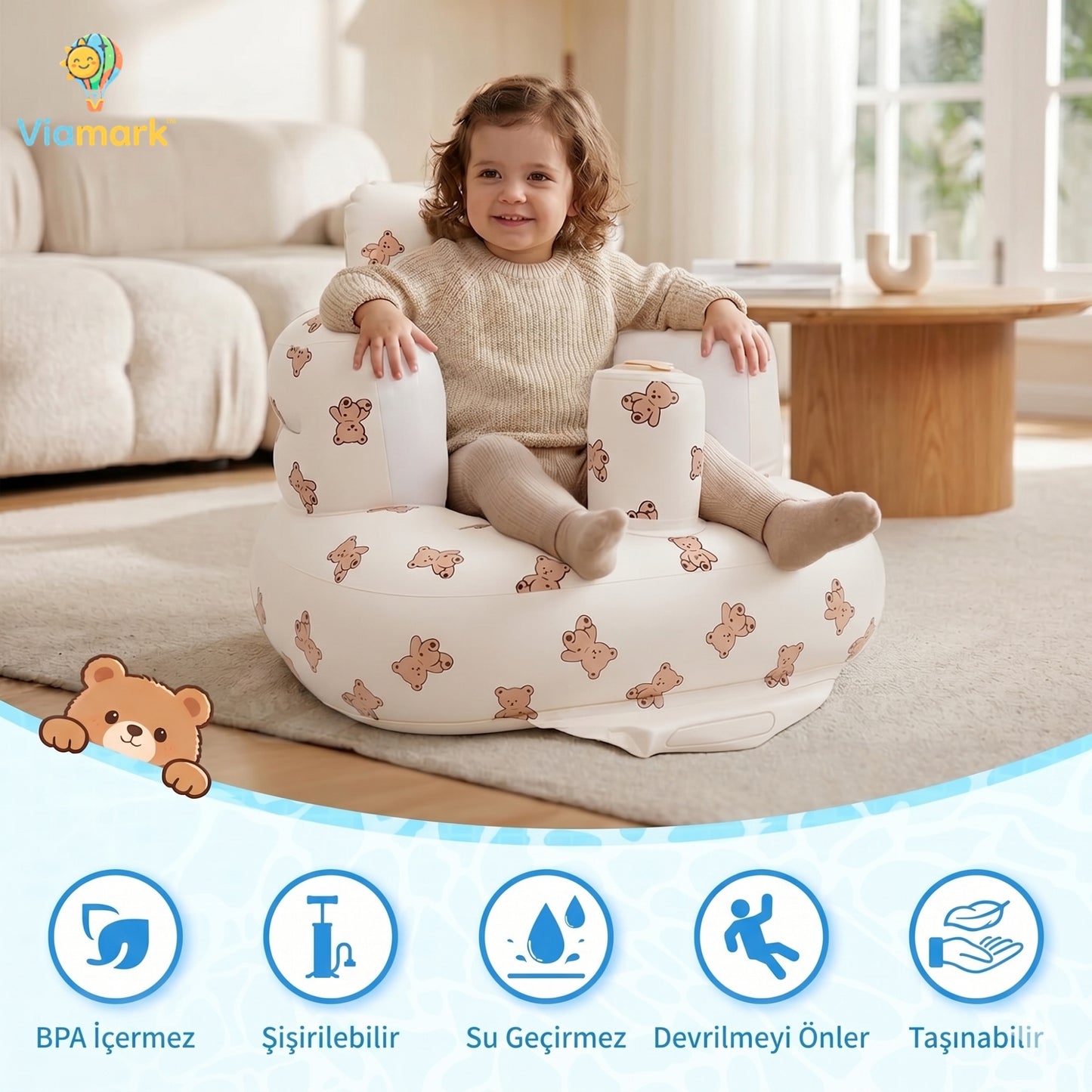 Viamark™ Devrilmez Bariyerli Sırt Destekli Şişme Bebek Oturma Koltuğu